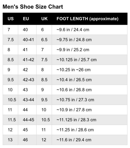Men's Shoe Size Chart